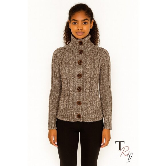 GAP Chunky Cable Knit Fitted Cardigan Sweater in Brown Size Medium - Picture 1 of 11